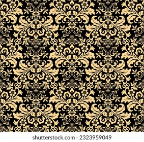 Floral pattern. Vintage wallpaper in the Baroque style. Seamless vector background. Gold and black ornament for fabric, wallpaper, packaging. Ornate Damask flower ornament