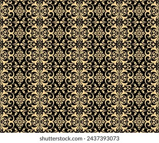 Patrón floral. Papel pintado vintage de estilo barroco. Fondo de vector sin costura. Ornamento dorado y negro para la tela, papel pintado, embalaje. Adorno de flor de Damasco adornado
