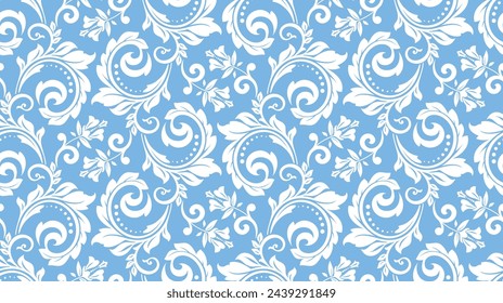 Patrón floral. Papel pintado vintage de estilo barroco. Fondo de vector sin costura. Adorno blanco y azul para la tela, papel pintado, embalaje. Adorno de flor de Damasco adornado