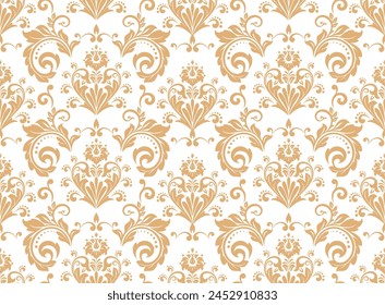 Floral pattern. Vintage wallpaper in the Baroque style. Seamless vector background. White and gold ornament for fabric, wallpaper, packaging. Ornate Damask flower ornament