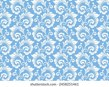 Floral pattern. Vintage wallpaper in the Baroque style. Seamless vector background. White and blue ornament for fabric, wallpaper, packaging. Ornate Damask flower ornament