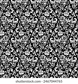 Patrón floral. Fondo de pantalla Antiguas en estilo barroco. Fondo de Vector inconsútil. Adorno blanco y negro para tela, Fondo de pantalla, embalaje. Adorno de flor de Damasco adornado.