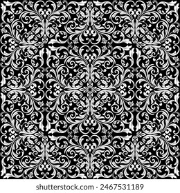 Floral pattern. Vintage wallpaper in the Baroque style. Seamless vector background. White and black ornament for fabric, wallpaper, packaging. Ornate Damask flower ornament.