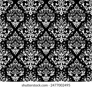 Floral pattern. Vintage wallpaper in the Baroque style. Seamless vector background. White and black ornament for fabric, wallpaper, packaging. Ornate Damask flower ornament.