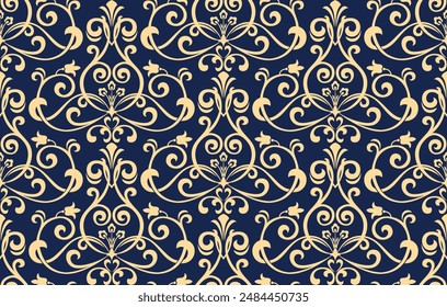 Floral pattern. Vintage wallpaper in the Baroque style. Seamless vector background. Golden and dark blue ornament for fabric, wallpaper, packaging. Ornate Damask flower ornament