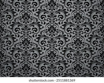 Padrão floral. Papel de parede vintage no estilo barroco. Plano de fundo de vetor contínuo. ornamento cinza e preto para tecido, papel de parede, embalagem. Ornamento de flor de damasco ornamentado