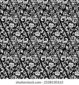 Floral pattern. Vintage wallpaper in the Baroque style. Seamless vector background. White and black ornament for fabric, wallpaper, packaging. Ornate Damask flower ornament.
