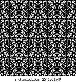 Floral pattern. Vintage wallpaper in the Baroque style. Seamless vector background. White and black ornament for fabric, wallpaper, packaging. Ornate Damask flower ornament.
