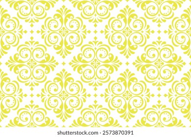 Floral pattern. Vintage wallpaper in the Baroque style. Seamless vector background. White and yellow ornament for fabric, wallpaper, packaging. Ornate Damask flower ornament
