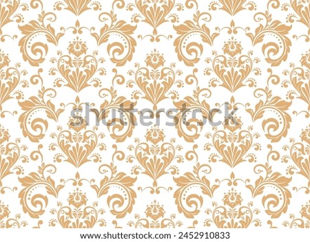 Floral pattern. Vintage wallpaper in the Baroque style. Seamless vector background. White and gold ornament for fabric, wallpaper, packaging. Ornate Damask flower ornament