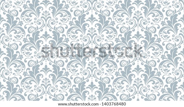花柄 バロック風のビンテージ壁紙 シームレスなベクター画像の背景 布地 壁紙 梱包用の白と青の装飾 華やかなダマスクの花 飾り のベクター画像素材 ロイヤリティフリー 1403768480
