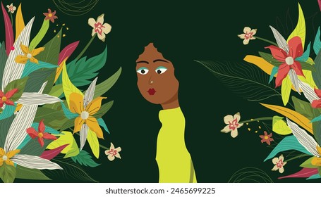 Fondo de Fondo de pantalla de patrón floral con carácter de niña hermosa. Uso para el Fondo de pantalla, textiles, impresión floral, arte de la pared, portada, cuaderno, diseño de la lona, Anuncio, cartel, Plantilla del volante