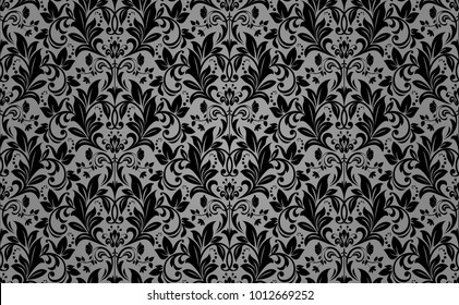 Floral Pattern. Wallpaper Baroque, Damask. Seamless Vector Background. Black Ornament