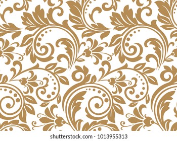 Floral pattern. Wallpaper baroque, damask. Seamless vector background. Gold and white ornament.