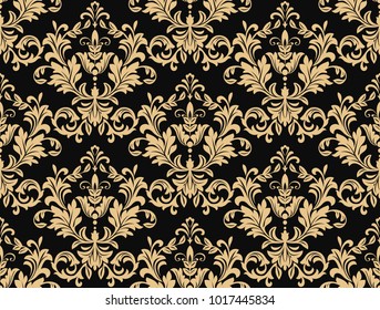 Floral pattern. Wallpaper baroque, damask. Seamless vector background. Black and gold ornament.