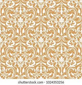 Floral pattern. Wallpaper baroque, damask. Seamless vector background. White and gold ornament