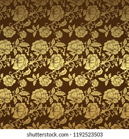 Patrón floral. Papel de pared barroco, damasco. Fondo vectorial transparente. Chocolate y adorno de oro.