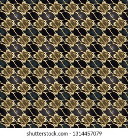 Floral pattern. Wallpaper baroque, damask. Seamless vector background. Stylish graphic pattern. Golden elements on brown and gray colors.