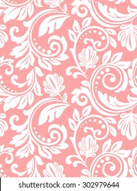 Floral pattern. Wallpaper baroque, damask. Seamless vector background. Pink and white ornament