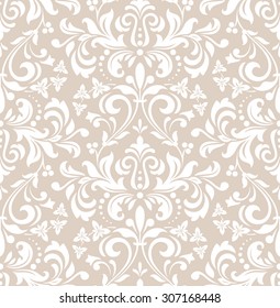 Floral pattern. Wallpaper baroque, damask. Seamless vector background. White and beige ornament.