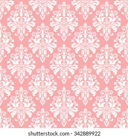 Floral pattern. Wallpaper baroque, damask. Seamless vector background. Pink and white ornament.