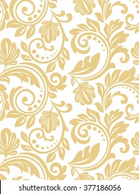Floral pattern. Wallpaper baroque, damask. Seamless vector background. White and gold ornament.