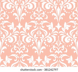 Floral pattern. Wallpaper baroque, damask. Seamless vector background. Pink and white ornament