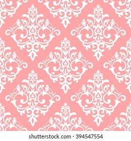 Floral pattern. Wallpaper baroque, damask. Seamless vector background. Pink and white ornament