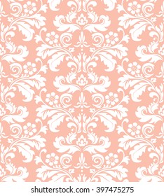 Floral pattern. Wallpaper baroque, damask. Seamless vector background. Pink and white ornament