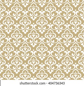 Floral pattern. Wallpaper baroque, damask. Seamless vector background. White and gold ornament.