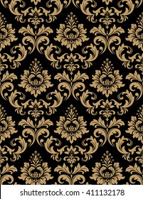 Floral Pattern. Wallpaper Baroque, Damask. Seamless Vector Background. Gold And Black Ornament