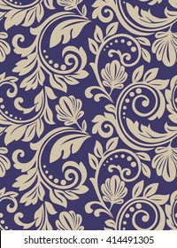 Floral pattern. Wallpaper baroque, damask. Seamless vector background. Gold and black blue ornament