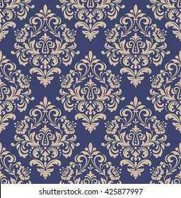 Floral pattern. Wallpaper baroque, damask. Seamless vector background. Gold and black blue ornament