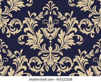 Floral pattern. Wallpaper baroque, damask. Seamless vector background. Gold and blue ornament