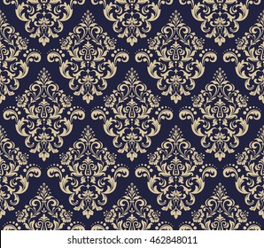 Floral pattern. Wallpaper baroque, damask. Seamless vector background. Gold and black blue ornament. Stylish graphic pattern.