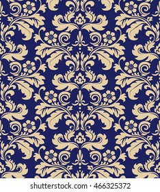 Floral pattern. Wallpaper baroque, damask. Seamless vector background. Gold and black blue ornament. Graphic modern pattern.