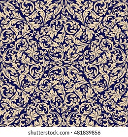 Padrão floral. Papel de parede barroco, damasco. Fundo vetorial contínuo. Ornamento dourado e azul preto. Padrão gráfico moderno.