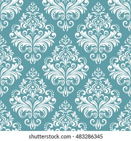 Floral pattern. Wallpaper baroque, damask. Seamless vector background. Blue and white ornament. Graphic modern pattern.