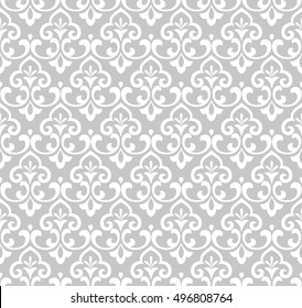 Floral pattern. Wallpaper baroque, damask. Seamless vector background. White and grey ornament. Stylish graphic design.