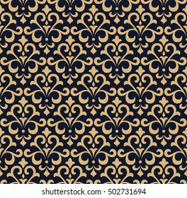 Blumenmuster. Tapete barock, Damast. Nahtloser Vektorhintergrund. Gold und schwarzblaues Ornament. Modernes Grafikmuster