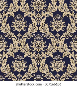 Floral Pattern. Wallpaper Baroque, Damask. Seamless Vector Background. Gold And Black Blue Ornament. Graphic Modern Pattern