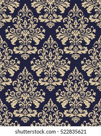 Floral Pattern. Wallpaper Baroque, Damask. Seamless Vector Background. Gold And Blue Ornament