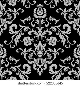 Floral Pattern. Wallpaper Baroque, Damask. Seamless Vector Background. Grey And Black Ornament. Graphic Modern Pattern.