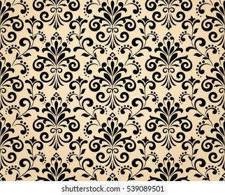 Floral pattern. Wallpaper baroque, damask. Seamless vector background. Beige and black ornament. Graphic modern pattern