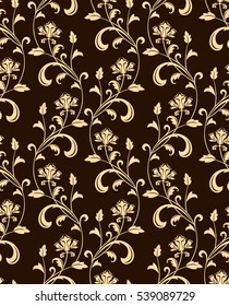  Patrón floral. Papel de pared barroco, damasco. Fondo vectorial transparente. Chocolate y adorno de oro. 