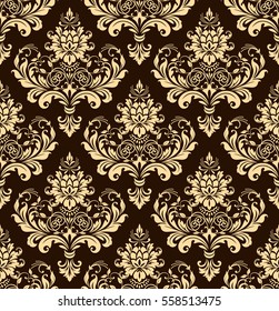 Floral pattern. Wallpaper baroque, damask. Seamless vector background. Chocolate and gold ornament