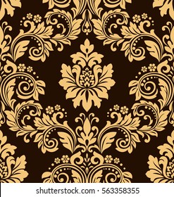 Floral pattern. Wallpaper baroque, damask. Seamless vector background. Chocolate and gold ornament.