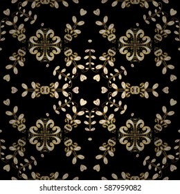 Floral pattern. Wallpaper baroque, damask. Seamless vector background. Golden elements on black background. Stylish graphic pattern.