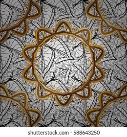 Floral pattern. Wallpaper baroque, damask. Stylish graphic pattern. Seamless vector background. Golden elements on blue background.