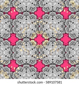 Floral pattern. Wallpaper baroque, damask. Seamless vector background. Golden elements on pink background. Stylish graphic pattern.